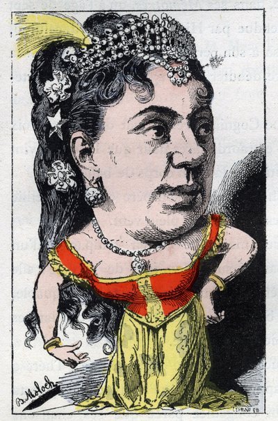 Portrett av Emma Valladon dit Theresa (1837 -1913) sanger av fransk kabaret i "" Le Trombinoscope"" av Touchatout, tegneserie av B. Moloch fra 1882 (1849-1909). Privat samling. av Moloch