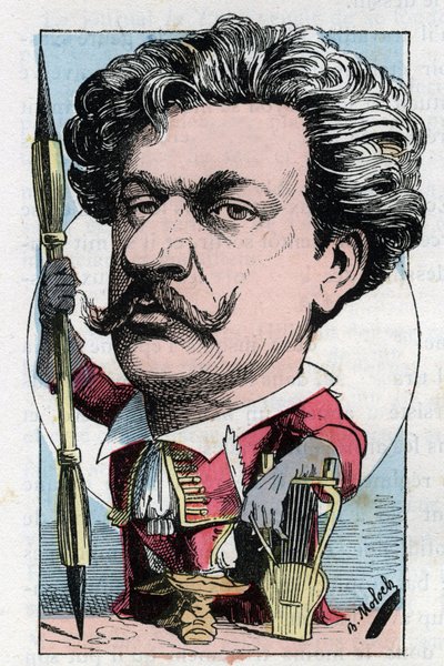 Portrait of Louis Alexandre Gosset de Guines dit Andre Gill (1840 - 1885) French poet painter in “” Le Trombinoscope”” by Touchatout, cartoon by B. Moloch of 1882 (1849-1909). Private collection. av Moloch