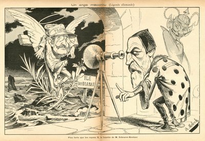 The Image for Laughter, nummer 4, circa 1897_11_13 - Illustrasjon av Alphonse Hector Columbus, kjent som B. Moloch eller Moloch (1849-1909): En ukjent engel - Dreyfus-affære, Devil Island - Dreyfus Alfred, Scherer-Kestner Auguste av Moloch