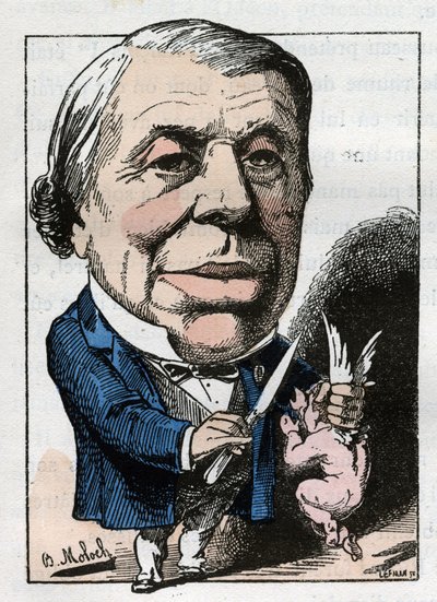 portrett av Philippe Ricord (1800-1889), fransk kirurg i "" Le Trombinoscope"" av Touchatout, tegneserie av B. Moloch fra 1882 (1849-1909). Privat samling. av Moloch