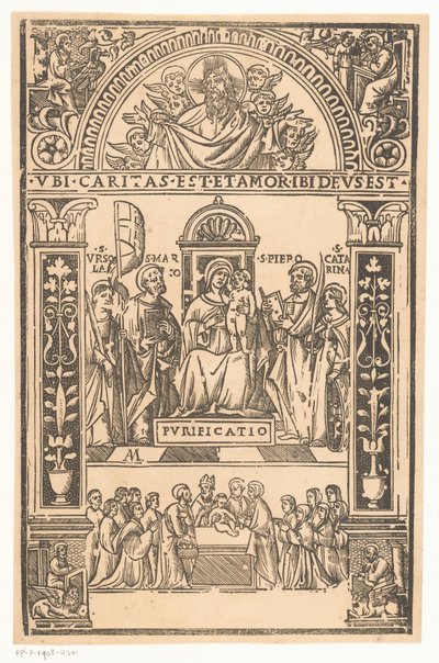 Maria med barn og hellige Hellig samtale Sacra-samtale av Monogrammist AM (prentmaker 16e eeuw)