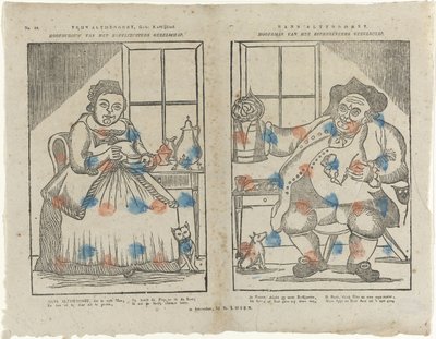 Trijn Antijddorst, Geb: Kaffekjærlighet. / Hovedkvinne i kaffesøsterselskapet. / Hans Altyddorst. / Leder for øldrikkerfirmaet (tittel på objekt) av Monogrammist B (prentmaker)