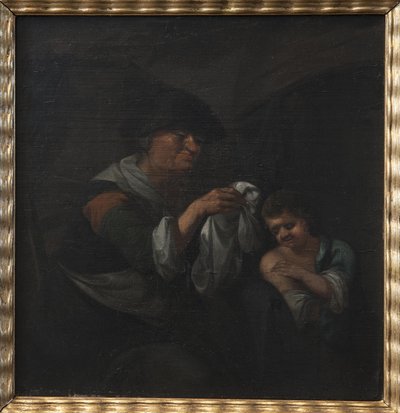 Gammel dame som inspiserer en guttetøy av Monogrammist Bijs