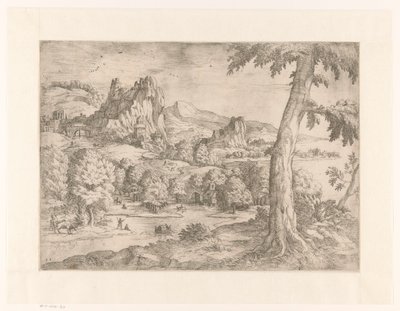 Panoramalandskap med stort tre av Monogrammist DB (etser 16de eeuw)