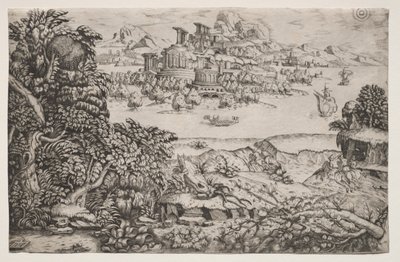 Landskap med et tempel over en innsjø, 1500-tallet. av Monogrammist HI