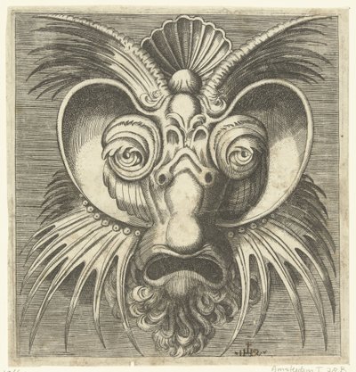 Maske med tallerkener rundt øynene og spisse topper på kinnene og pannen Libro di variate mascar (...) (serietittel) av Monogrammist IHS