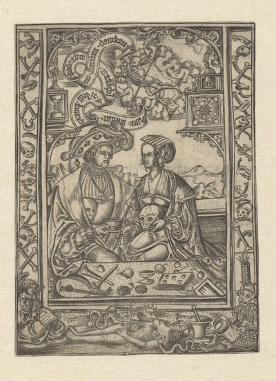 Vanitas Lord og kvinne med hodeskalle av Monogrammist XXX met L (attributed to)