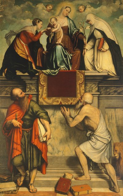 Enthroned Madonna with Child, St Catherine, St Paul and St Jerome av Moretto da Brescia