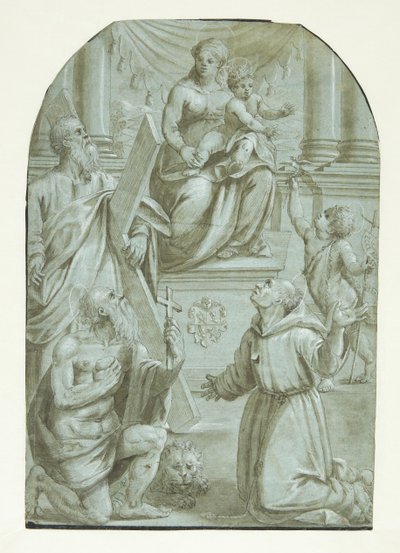 Maria med Jesusbarnet på tronen, omgitt av apostelen Andreas, døperen Johannes som barn, den hellige Hieronymus og den hellige Frans av Assisi av Moretto da Brescia