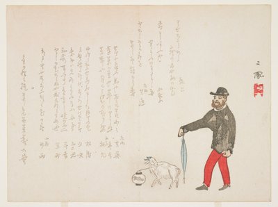 Westerner og en geit (farget treblokktrykk) av Mori Jiho