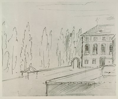 Fasade på Haus zum goldenen Mondschein nær Karlskirche, Wien, der Schwind bodde... av Moritz Ludwig von Schwind