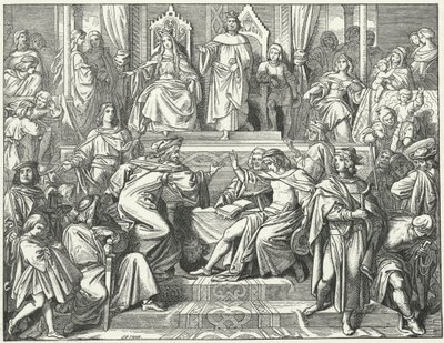 Sangerkrieg, en konkurranse mellom minstreler på Wartburg-slottet i Thuringia i 1207 (gravering) av Moritz Ludwig von Schwind
