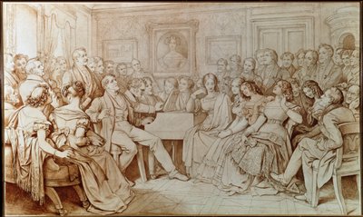 Komponisten Franz schubert akkompagnerer tenor Johann Michael Vogl på en musikalsk kveld på Baron von Spaun (Tegning av Moritz Ludwig von Schwind