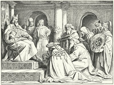 Utsendingene til kalifen Harun al-Rashid bringer gaver til keiseren Charlemagne, 802 (gravering) av Moritz Ludwig von Schwind