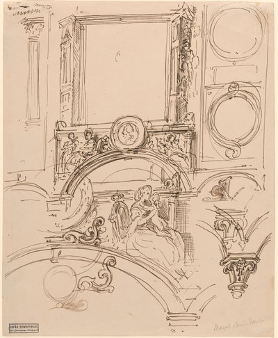 Arkitektoniske detaljer for en veggdekorasjon med keiserinne Maria Theresia som omfavner den unge Wolfgang Amadeus Mozart av Moritz Ludwig von Schwind