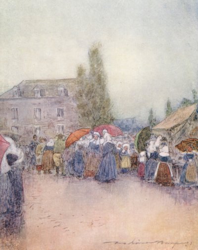 En regnværsdag på markedet (fargelitografi) av Mortimer Ludington Menpes