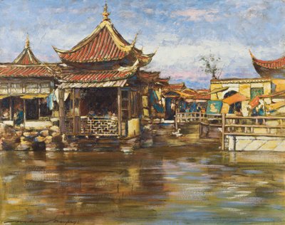 A Tea House, Shanghai, ca. 1909 (gouache og olje om bord) av Mortimer Ludington Menpes