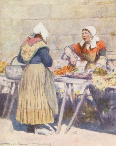 Grønnsaksmarkedet, Quimper (fargelitografi) av Mortimer Ludington Menpes