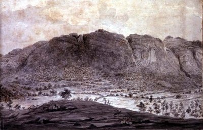 Panoramautsikt over Derwentwater og Vale of Keswick, detalj av fjell, ca. 1772 (blyant og vask på papir) (se 92086-90) av Moses (attr. to) Griffith