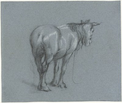 Studie av en hest bakfra, til høyre Stående arbeidshester (serietittel) av Moses Ter Borch