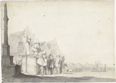 Markedsplass med kunngjøring på en tønne av Moses ter Borch (possibly)