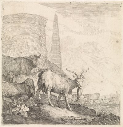 Geiter og kyr ved et rundt tårn med en obelisk Firbeinte dyr (serietittel) av Moyses van Wtenbrouck