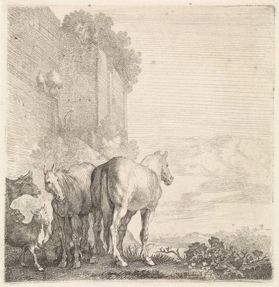 To hester med geiter og en ku ved en høy (by)mur Firbeinte dyr (serietittel) av Moyses van Wtenbrouck