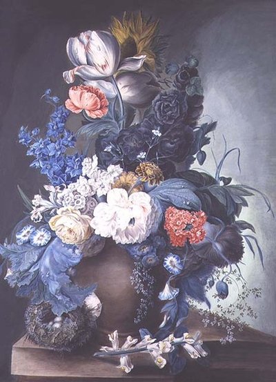 Gruppe av blomster i en krukke og fuglerede av Mrs.Margaret Meen