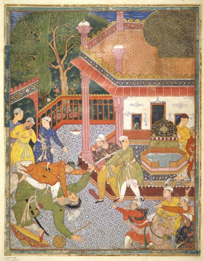 En helt dreper en kjempe foran en mengde tilskuere på en gårdsplass, illustrasjon fra Hamza Nama, ca. 1555-67 (kroppsfarge på bomull) av Mughal School