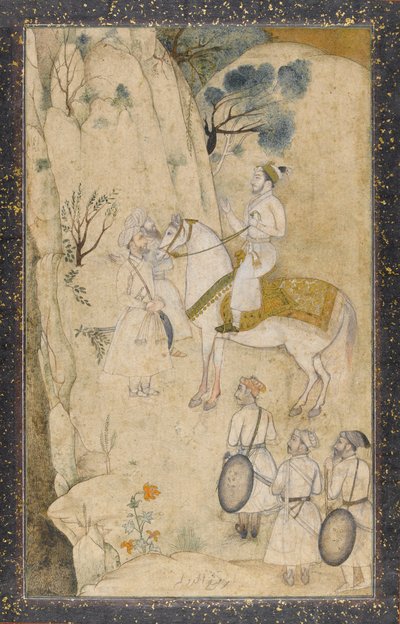 En prins på hesteryggen, med fem ledsagere, angående en foss (wc med penn og blekk, grafitt og gull på papir) av Mughal School