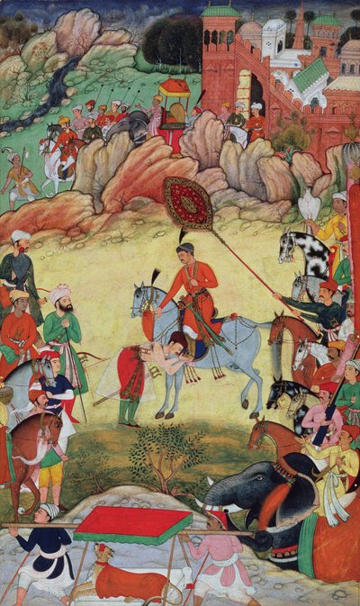 Adham Khan hyller Akbar i Sarangpur, Sentral-India, i 1560 eller 1561, fra Akbarnama, 1590-98 av Mughal School