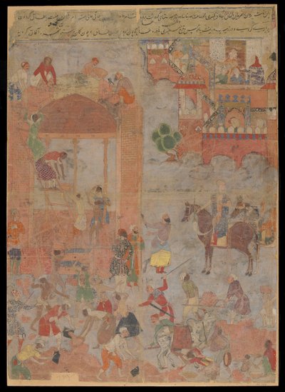 Anushirvan legger grunnlaget for Ctesiphon at an Auspicious Hour, Manuscript folio, ca. 1560-1565 (ugjennomsiktig akvarell, blekk og gull på stoff, montert på papp) av Mughal School