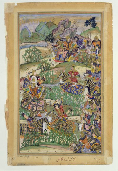 Keiser Akbar (r.1556-1605) i slaget ved Samal i 1572, fra Akbarnama laget av Abul Fazi, 1590-98 (ugjennomsiktig wc og gull på papir) av Mughal School