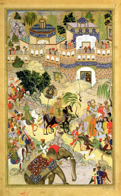 Keiser Akbars triumferende inntog i Surat, fra Akbarnama laget av Abul Fazl (1515-1602) 1590-98 (ugjennomsiktig wc og gull på papir) av Mughal School
