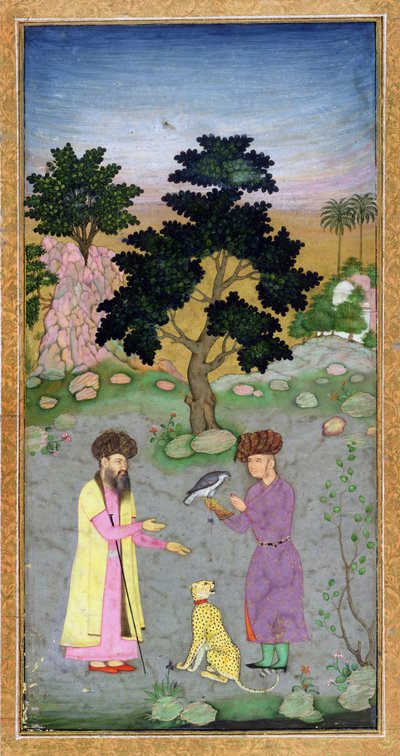 Falconer med ledsager og kjæledyrgepard, fra Small Clive Album, ca. 1610-15 (ugjennomsiktig wc på papir) av Mughal School