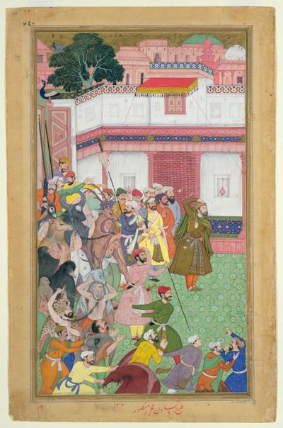 Fatepur Sikiri, 1573: Hasain Quli Khan-l Jahan presenterer fangene sine for keiser Akbar (r.1556-1605), fra Akbarnama laget av Abul Fazi, 1590-98 (ugjennomsiktig wc og gull på papir) av Mughal School