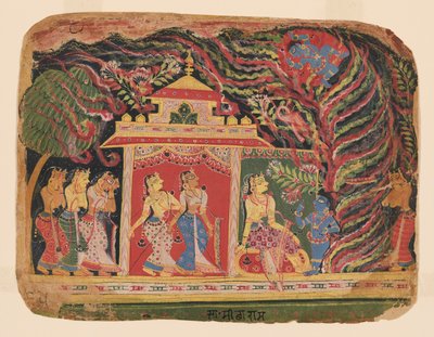 Krishna beseirer Trinavarta, demonvirvelvinden, fra en Bhagavata Purana (Herrens bok), før-Mughal-skole (maleri) av Mughal School