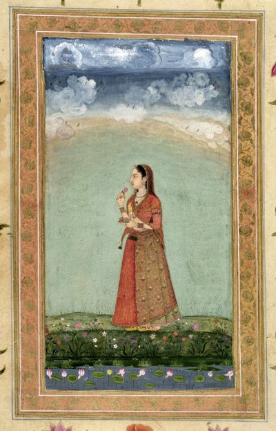 Dame som holder en skål med roser, fra Small Clive Album (ugjennomsiktig wc på papir) av Mughal School