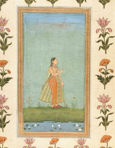 Dame som holder en blomst, står ved en liljedam, fra Small Clive Album (ugjennomsiktig wc på papir) av Mughal School