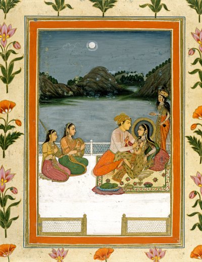 Elskere på en terrasse ved en månebelyst innsjø, fra Small Clive Album (ugjennomsiktig wc på papir) av Mughal School
