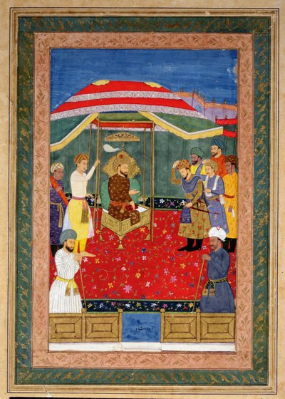 Mughal-keiseren Babur (1526-30) sitter på en trone og tar imot en prins, Johnson Album I, nr.3 nummerert 65 av Mughal School