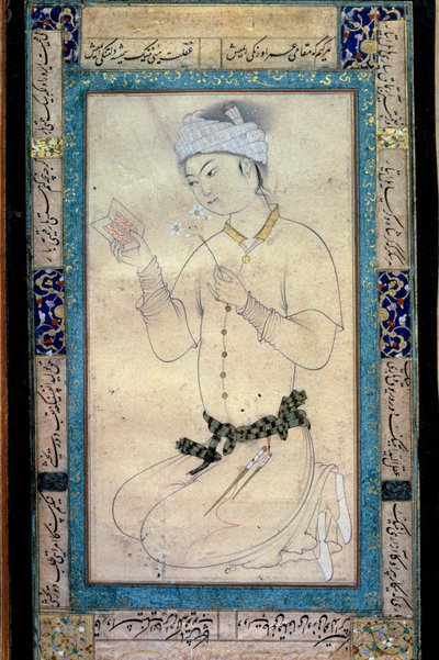 En ung mann med bøker og narcisser persisk miniatyr ved Muhammad Shaykhs gouache av Muhammad Shaykh