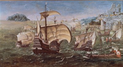 PORTUGISISKE BÅTER PÅ EN STEEKYST - XVI CENTURY -O / L - 78 × 144 - KOPI AV ORIGINALEN AV GREENWICH-MUSEET av Munday John
