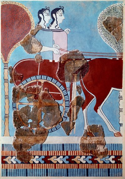 Mykensk kunst: par på en tank. Fragment av freske fra Tiryns-palasset og rekonstitusjon av Mycenaean