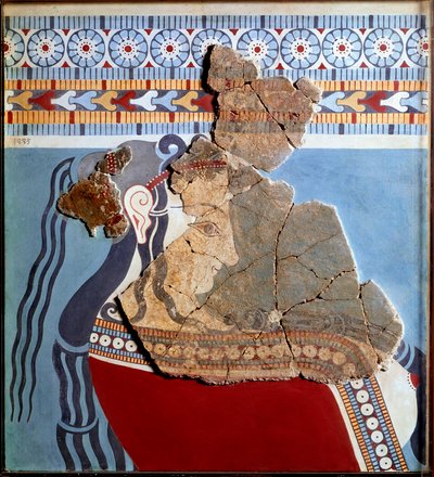Mykensk kunst: kvinnebyste. Fragment av freske fra Tiryns-palasset og rekonstitusjon av Mycenaean
