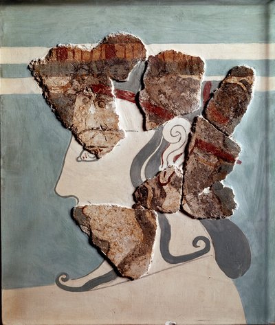 Mykensk kunst: feminint hode. Fragment av freskomaleri fra palasset i Tiryns av Mycenaean