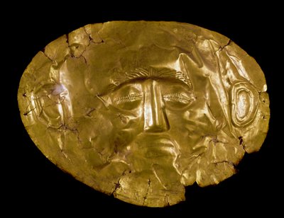 Mykensk kunst: gyllen maske. Fra Mykenes. 1500-tallet f.Kr. Athen, nasjonalt arkeologisk museum - Mykensk kunst: begravelsesmaske i gull fra Mykene. 1500-tallet f.Kr. Nasjonalt arkeologisk museum, Athen, Hellas av Mycenaean