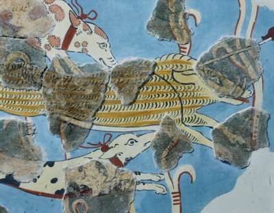 Freske fra Tirinto-palasset (Hellas). Detalj: gruppe hunder som angriper et villsvin. Mykensk sivilisasjon av Mycenean