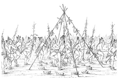 Medisinmenn danser rundt en gryte og takker Den Store Ånd, 1841. av Myers and Co