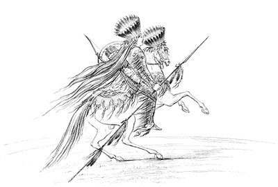 Indianermann med våpen og hodeplagg, rir på hest, 1841. av Myers and Co